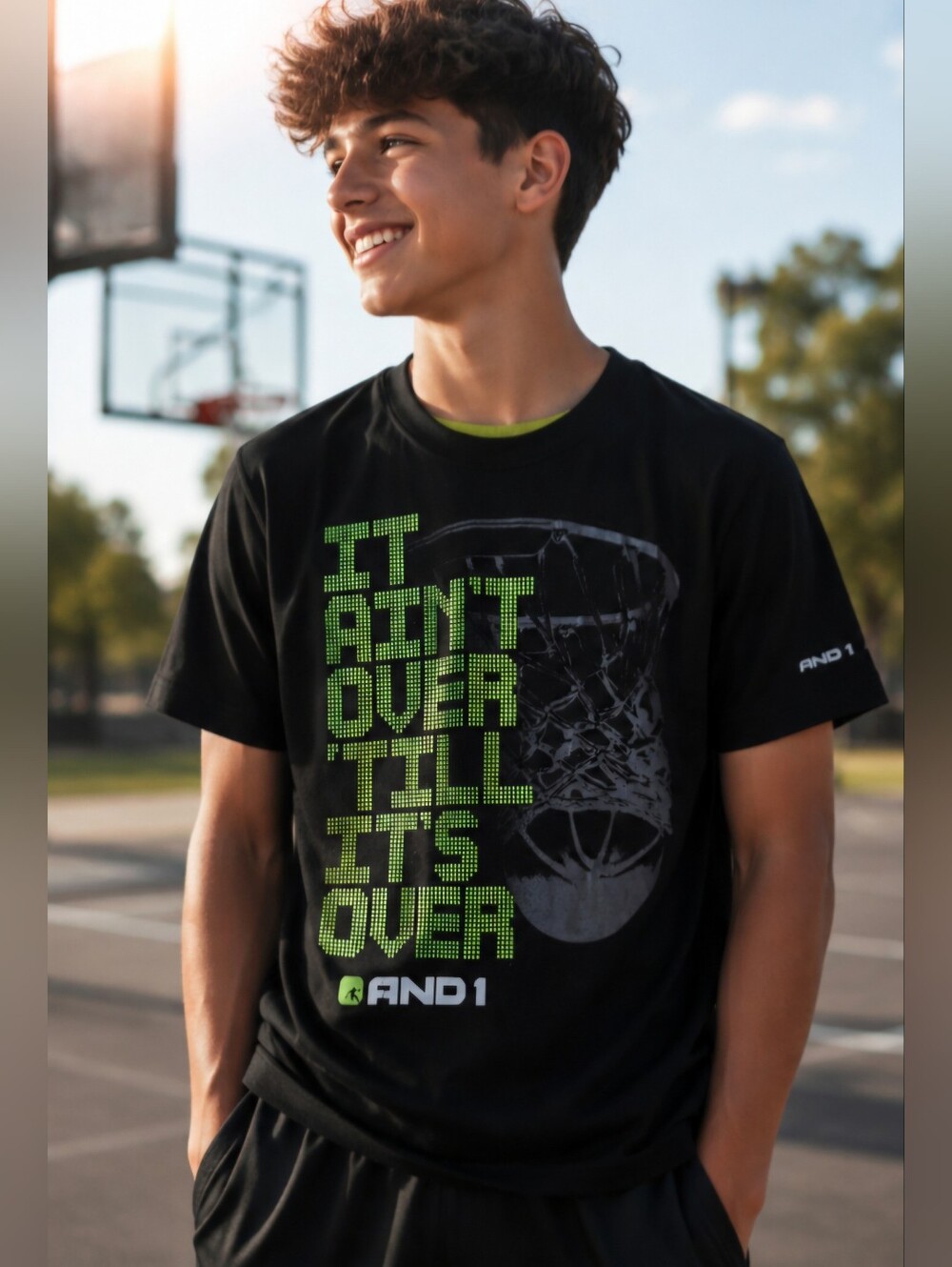 AND1 Black Tee with Neon Green Basketball Slogan